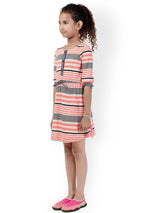 Branyork Grey & Coral Orange Striped A-Line Dress