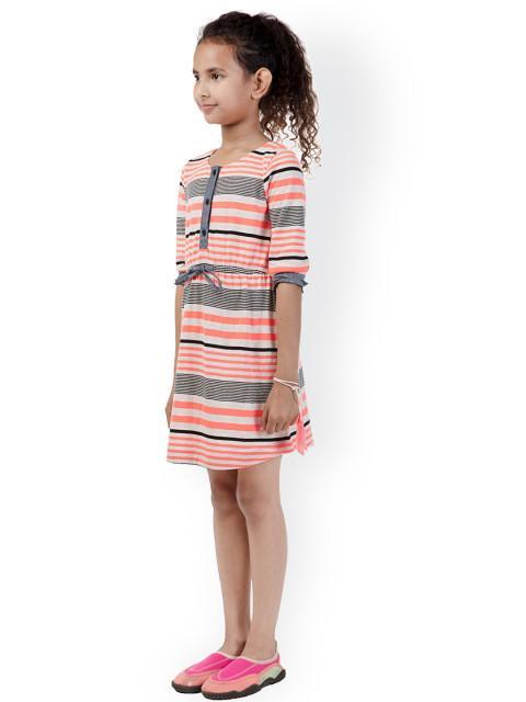 Branyork Grey & Coral Orange Striped A-Line Dress