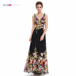 Summer Dresses Sexy Double V-neck Sexy Sleeveless Black Long Flower Print Chiffon Evening Dress 2018 EP09016BP Empire Waist