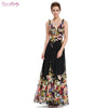 Summer Dresses Sexy Double V-neck Sexy Sleeveless Black Long Flower Print Chiffon Evening Dress 2018 EP09016BP Empire Waist